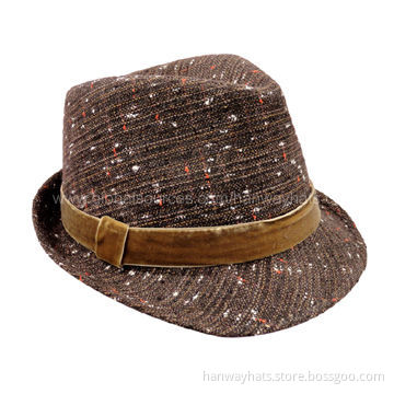 Men's tweed fedora cap with velvet hat band and loop trim